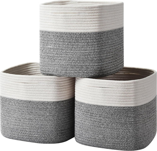 3 Pack Storage Cubes 11 Inch Cotton Rope Woven Baskets for Organizing Cube Bin Square Shelves Organizer,Classroom,Kids Toy Bins,Closet,Baby Nursery(Grey)
