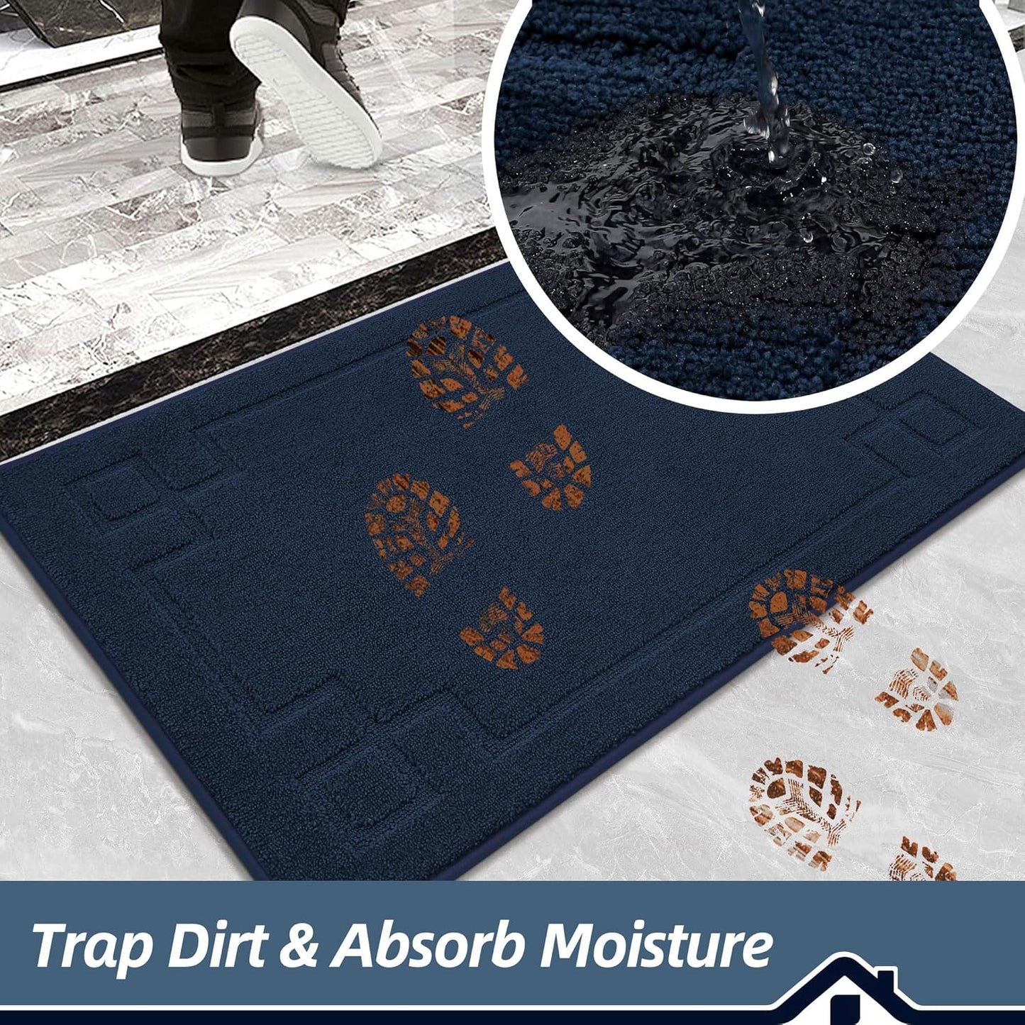 BEQHAUSE Door Mat 24" x 36", Non-Slip Door Mats Indoor Entryway Rugs Washable Low-Profile Absorbent and Stain Resist Floor Mats, Dog Door Mat for Front Back Door, Muddy Wet Shoes & Paws, Navy Blue