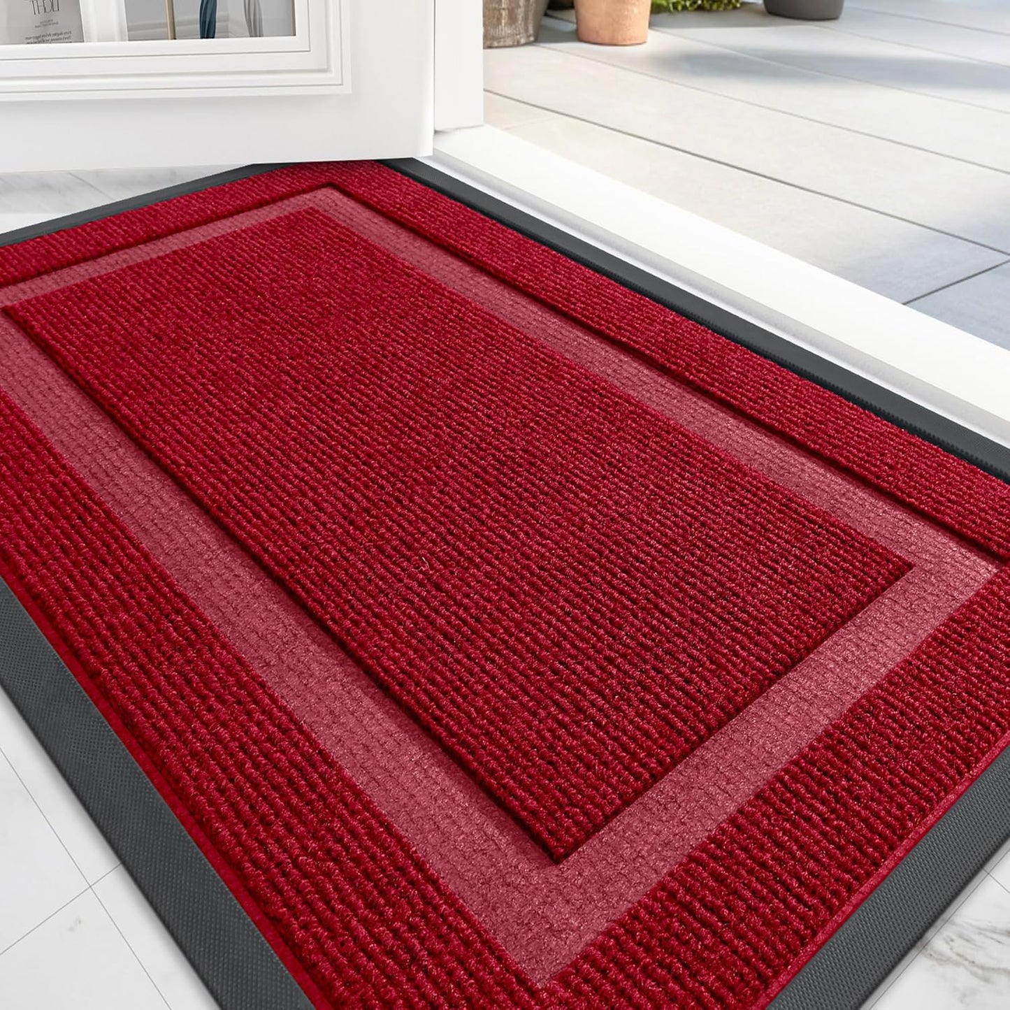 OLANLY Front Door Mat Indoor Outdoor Entrance, Waterproof All-Season, All-Weather Doormat, Sturdy Natural Rubber, Fade Resistant, Low Profile, Easy Clean Patio Porch Entryway Mat, 47x24, Wine Red