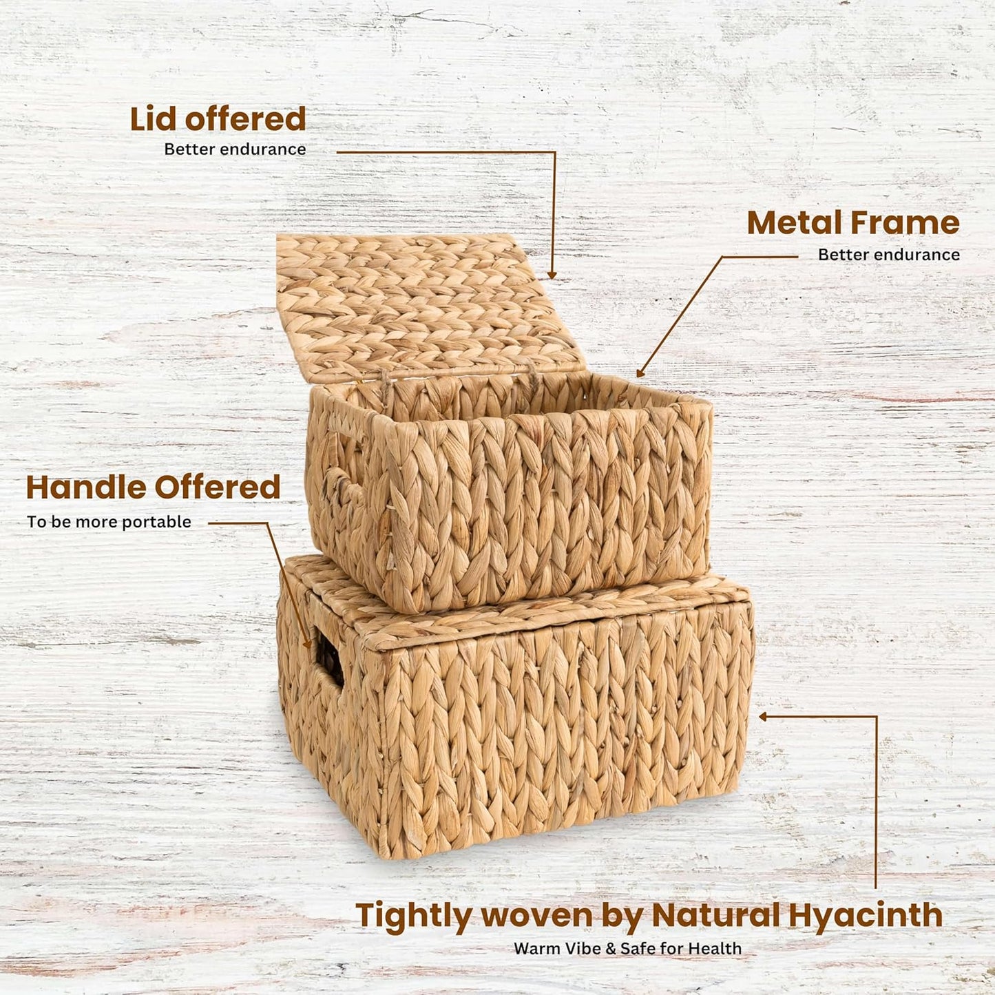 Wicker Storage Baskets with Lid, Set 2 Basket With Lid Decorative Storage Rectangle Wicker Storage Basket With Lid Large Rattan Storage Box Hyacinth Baskets