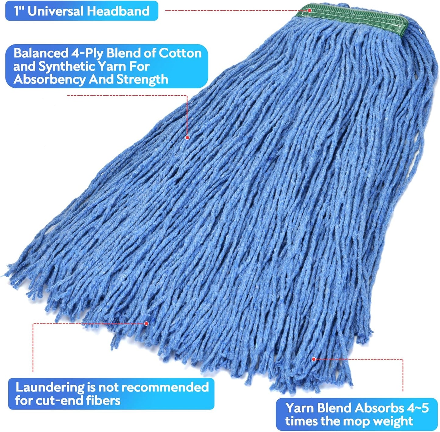 Matthew Cleaning 24oz 12Pack Cotton Mop Head Replacement,Looped-Open String Heavy Duty String Mop Refills, Universal Headband Blend,Floor Cleaning for Home, Industrial and Commercial Use(Blue)