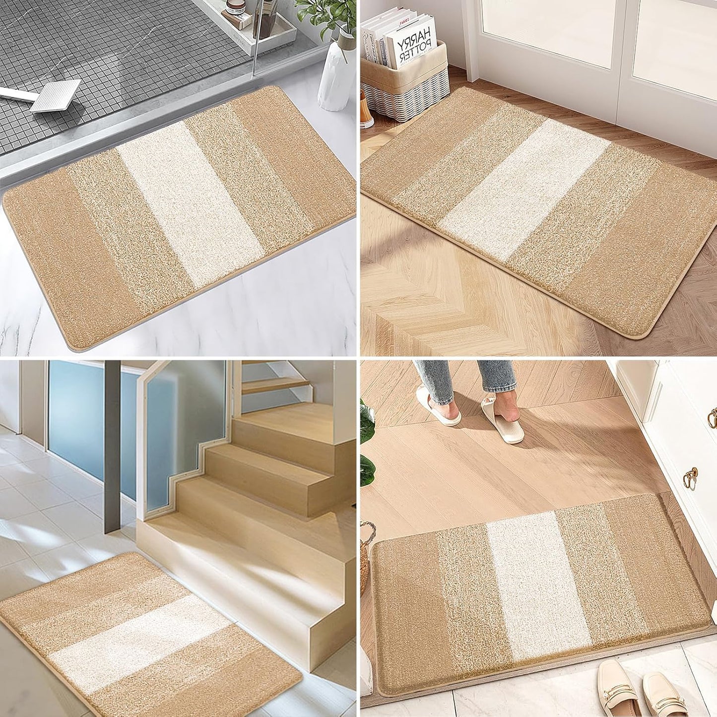 Kitinjoy Indoor Outdoor Door Mat, 47x24 Non-Slip Absorbent Dirt Trapper, Low-Profile Washable Inside Entrance Front Floor Mat, Sturdy Soft Entry Doormats for Entryway, Beige