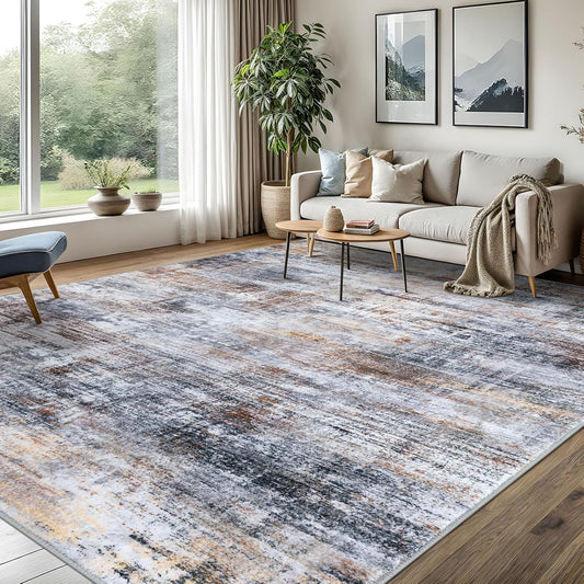 IOHOUZE Abstract Area Rugs 8x10 Ft Washable Large Rugs for Living Room, Non Slip Dining Room Rug, Printed Faux Wool Rugs for Bedroom, Floor Carpet for Office Nursery Playroom, Orange Grey