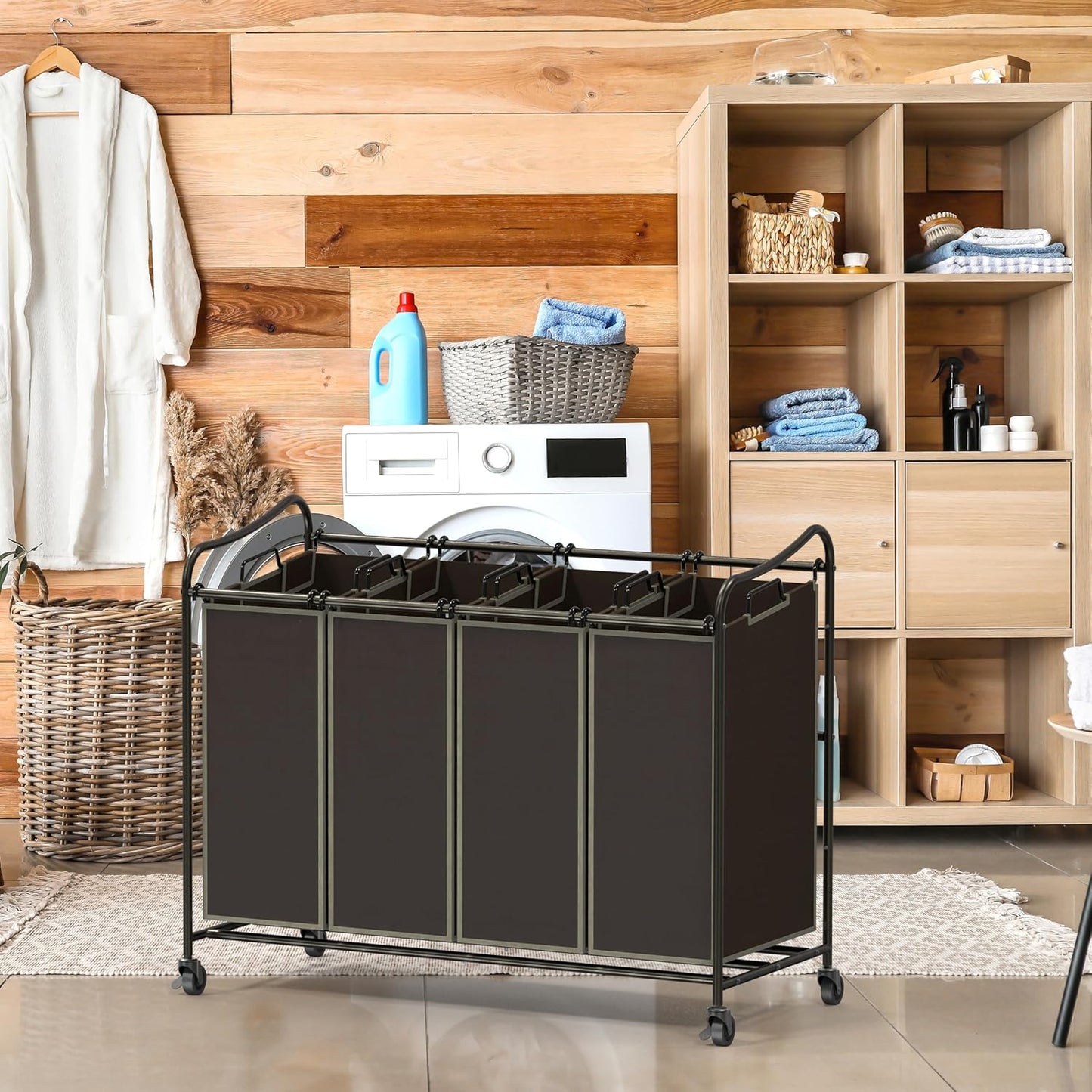 Simple Houseware 4-Bag Heavy Duty Laundry Sorter Rolling Cart, Brown