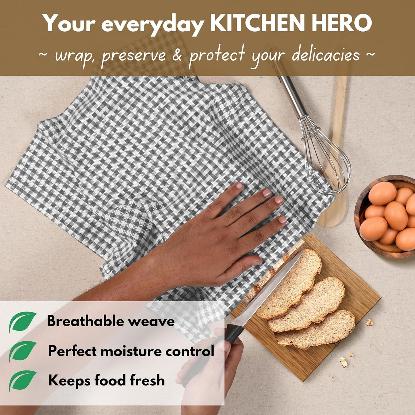 Native Fab 4 Pack Gingham Plaid Kitchen Towels 16"x26" - 100% Cotton Absorbent Washable Tea Towels, Kitchen Cloths, Restaurant Grade Dish Towel with Hanging Loop, Grey White