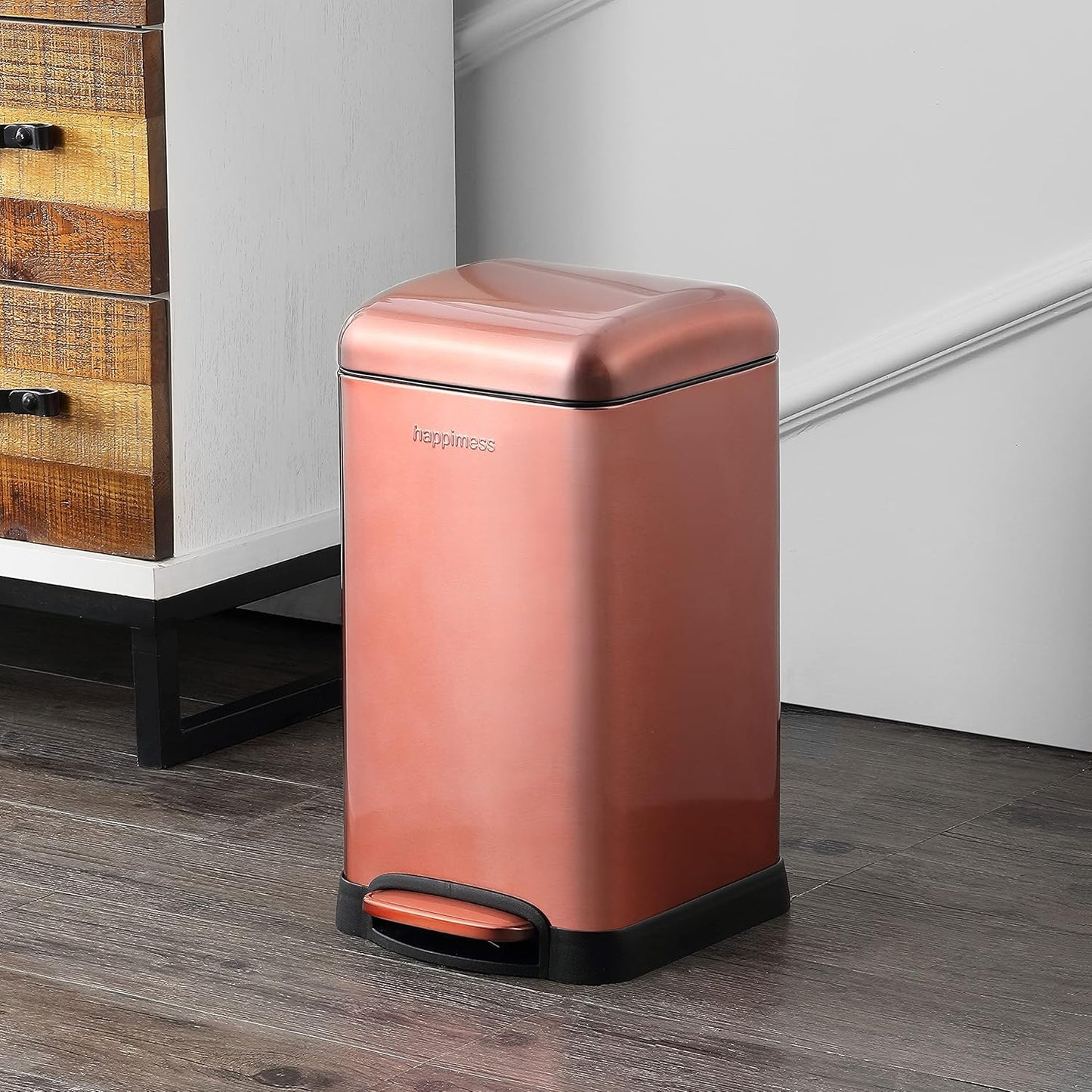 happimess HPM1012D Betty Retro Mini 3.2-Gallon Step-Open Trash Can with Soft-Close Lid, Modern, Minimalistic, Fingerprint Proof for Home, Kitchen, Laundry Room, Office, Bedroom, Bathroom, Rose Gold