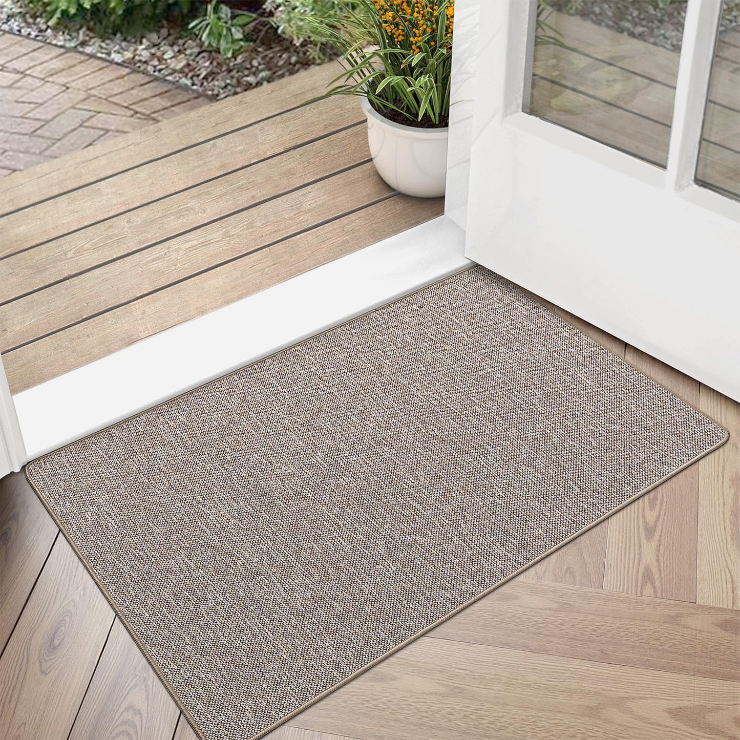 LUMI Ultra Thin Door Mat for Entryway, Low Profile Non Slip Rubber Backing Indoor Doormat, Easy Clean Welcome Entrance Mat for Inside House, Patio,Beige 24"x36"