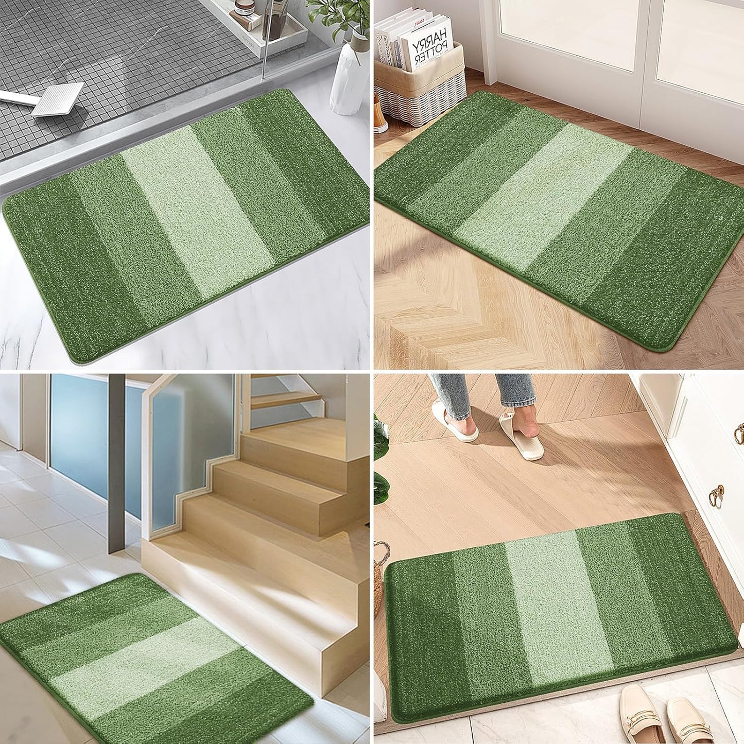 Kitinjoy Indoor Outdoor Door Mat, 48x32 Non-Slip Absorbent Dirt Trapper, Low-Profile Washable Inside Entrance Front Floor Mat, Sturdy Soft Entry Doormats for Entryway, Green