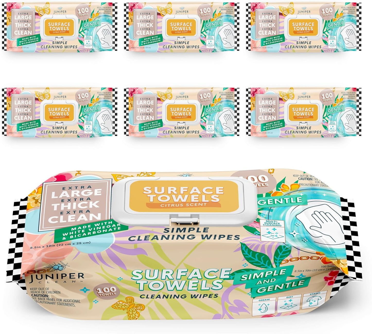 6 Packs Surface Cleaning Wipes Bleach Free, Thick & Large Dispose, All-Purpose Cleaner for Bathroom, Kitchen, Office, 600 Count Soft Flow, Biodegradable, Citrus Scent