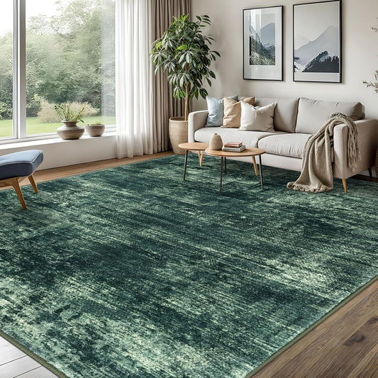 IOHOUZE Abstract Area Rugs 8x10 Ft Washable Large Rugs for Living Room, Non Slip Dining Room Rug, Printed Faux Wool Rugs for Bedroom, Floor Carpet for Office Nursery Playroom, Dark Green