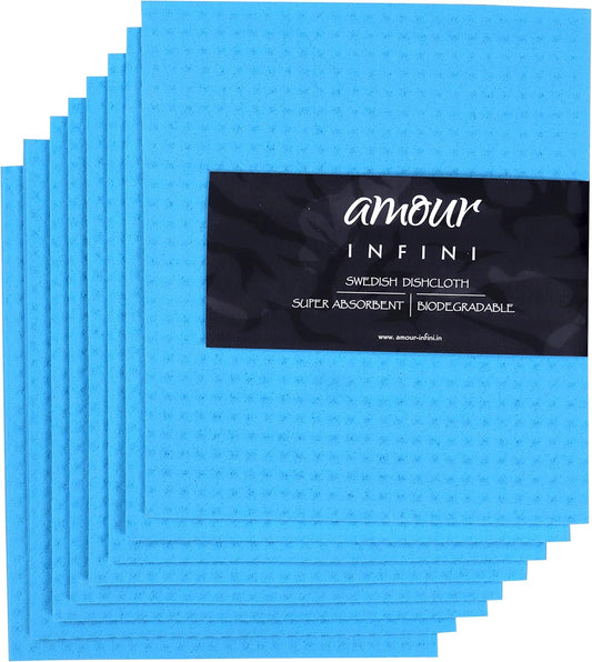 AMOUR INFINI Swedish Dishcloth Cellulose Sponge 8 Pack - No Odor, Resuable and Absorbent Cleaning Cloths for Kitchen, Bathroom, Glass Surface, Furniture (8"x7" Inch - Blue)