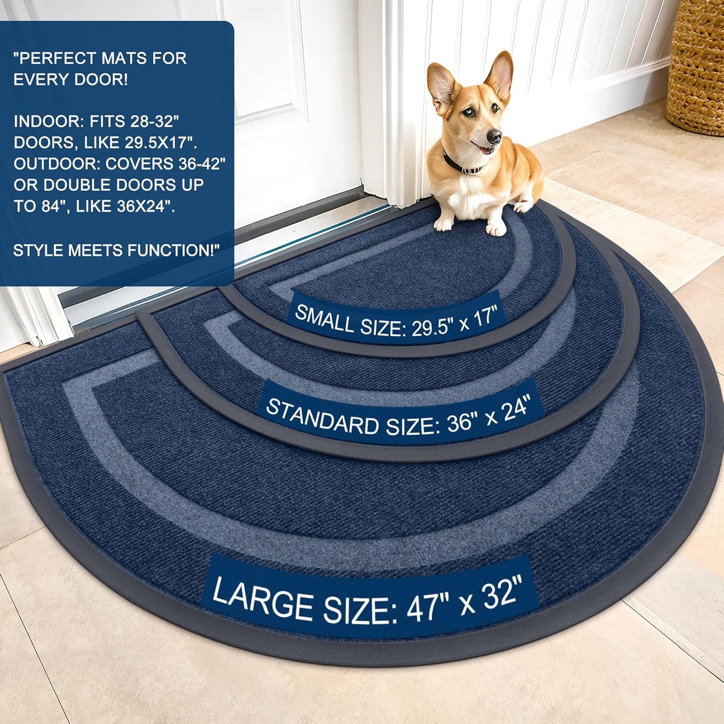 OLANLY Half Circle Door Mat Indoor Outdoor Entrance Welcome, Waterproof All-Season, All-Weather Doormat, Sturdy Natural Rubber, Low Profile, Easy Clean Patio Porch Entryway Mat, 36x24, Blue