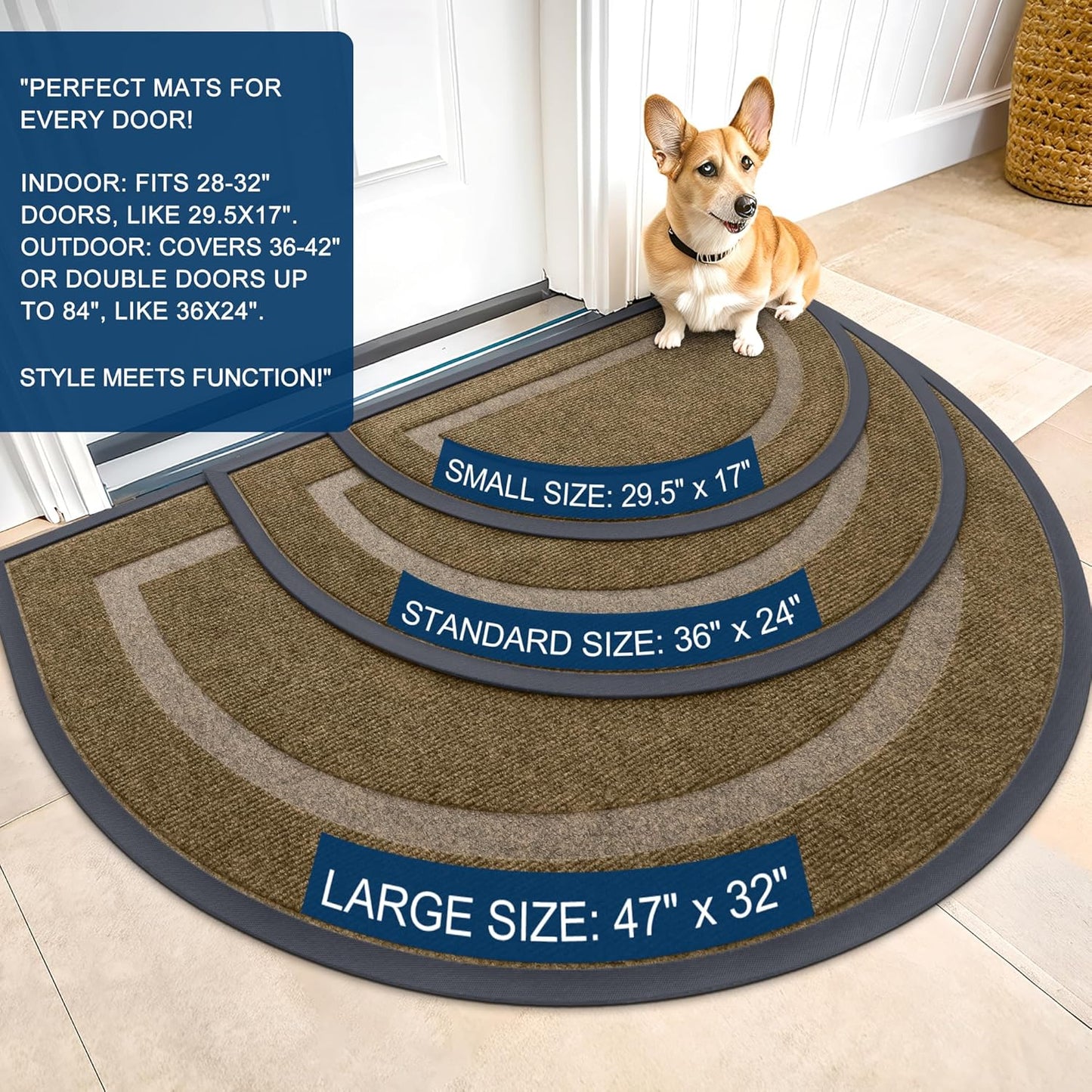 OLANLY Half Circle Door Mat Indoor Outdoor Entrance Welcome, Waterproof All-Season, All-Weather Doormat, Sturdy Natural Rubber, Low Profile, Easy Clean Patio Porch Entryway Mat, 59x23, Brown