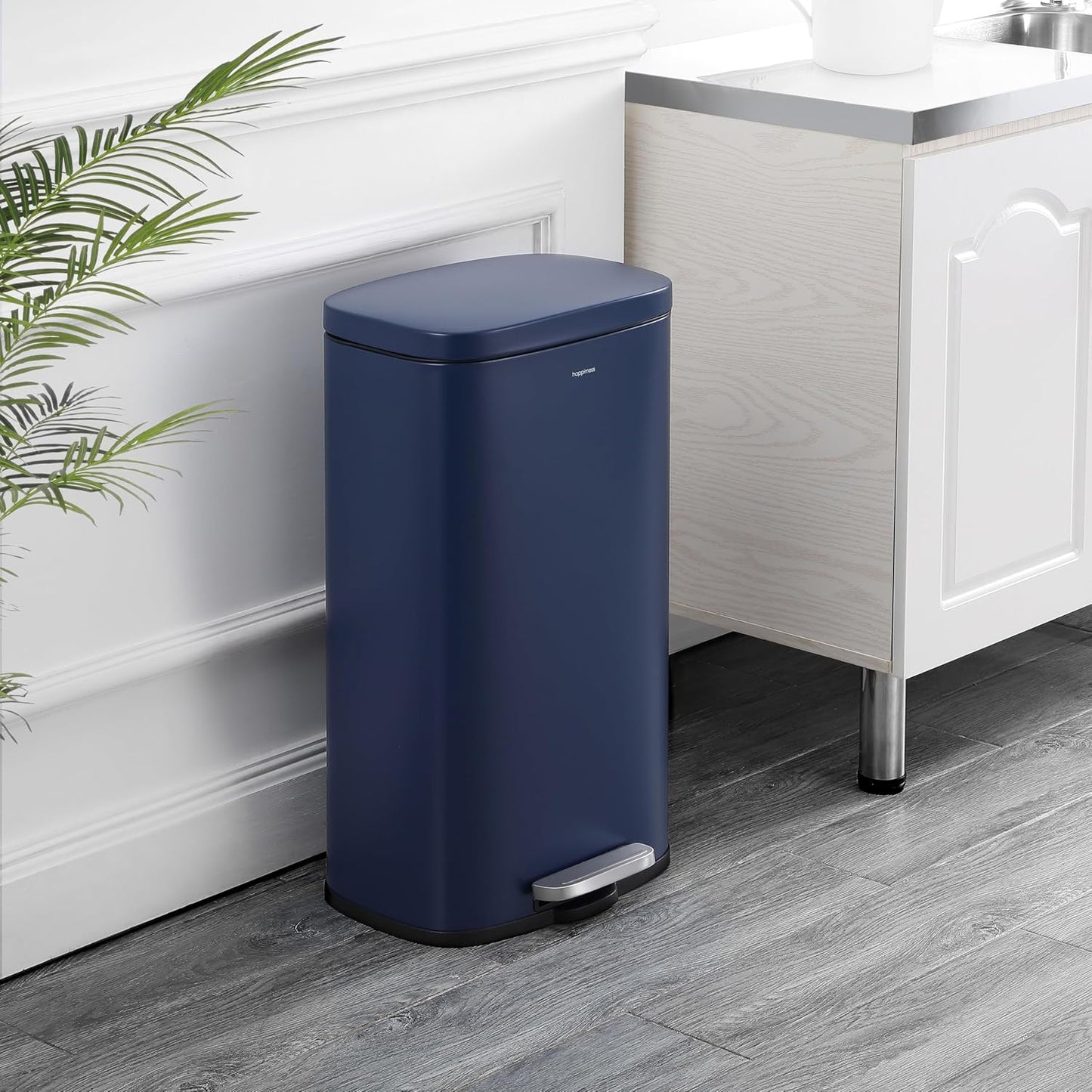 happimess HPM1011E Curtis 8-Gallon Step-Open Trash Can, Fingerprint Resistant, Modern, Minimalistic for Home, Kitchen, Laundry Room, Office, Bedroom, Bathroom, Denim Blue