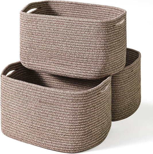 Storage Baskets for Organizing Shelves, Woven Cotton Rope Bins for Baby Nursery Organization, Book Toy Towel Organizer, 15"x11"x9.5", 3 Packs, Dark Brown