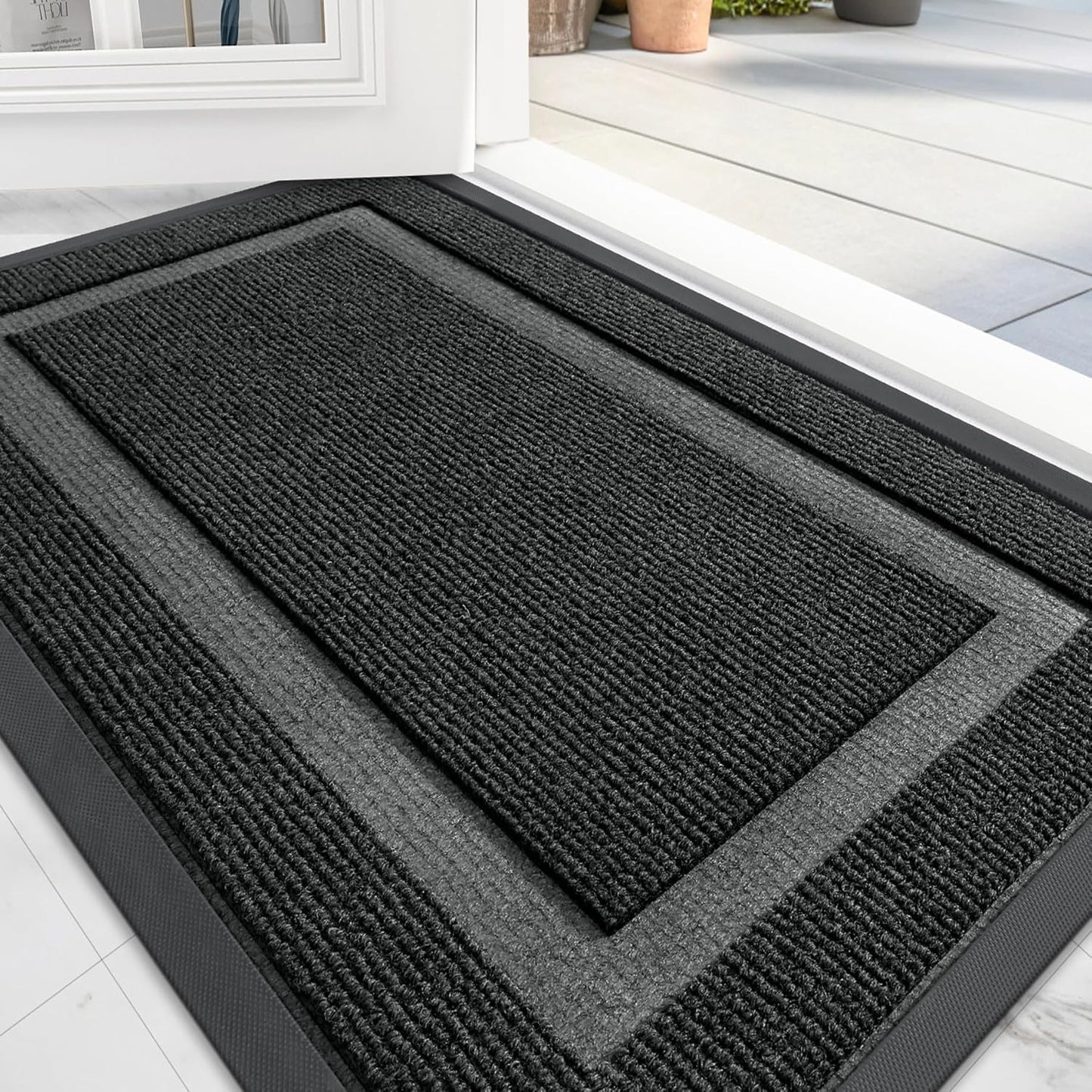 OLANLY Front Door Mat Indoor Outdoor Entrance, Waterproof All-Season, All-Weather Doormat, Sturdy Natural Rubber, Fade Resistant, Low Profile, Easy Clean Patio Porch Entryway Mat, 29.5x17, Black