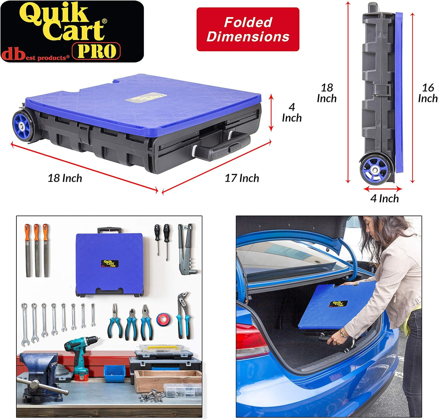 dbest products Quik Cart Pro Wheeled Rolling Crate Teacher Utility with seat Heavy Duty Collapsible Basket with Handle, Blue