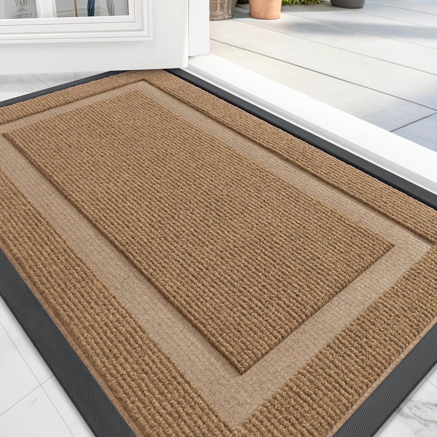 OLANLY Front Door Mat Indoor Outdoor Entrance, Waterproof All-Season, All-Weather Doormat, Sturdy Natural Rubber, Fade Resistant, Low Profile, Easy Clean Patio Porch Entryway Mat, 29.5x17, Light Brown