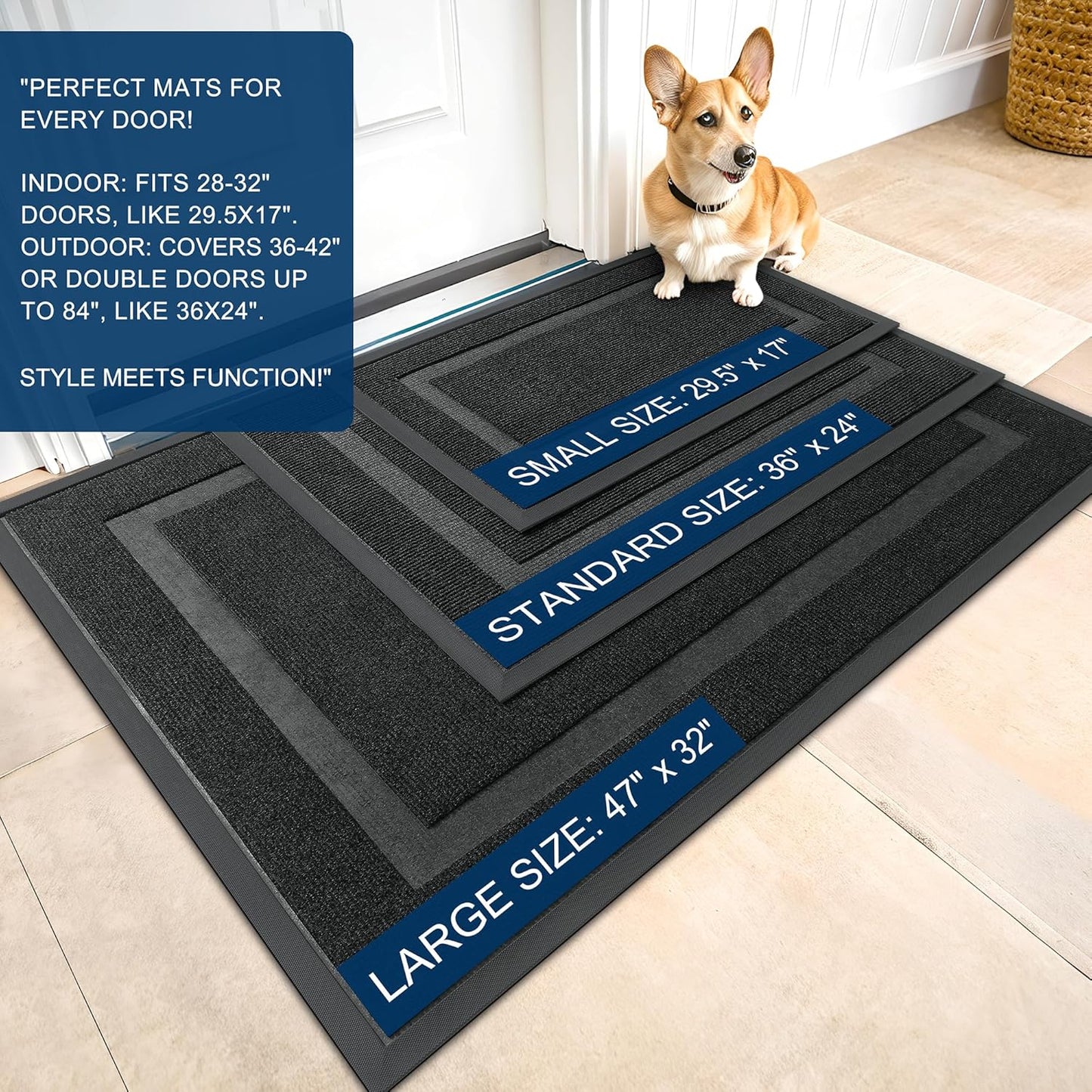 OLANLY Front Door Mat Indoor Outdoor Entrance, Waterproof All-Season, All-Weather Doormat, Sturdy Natural Rubber, Fade Resistant, Low Profile, Easy Clean Patio Porch Entryway Mat, 47x24, Black