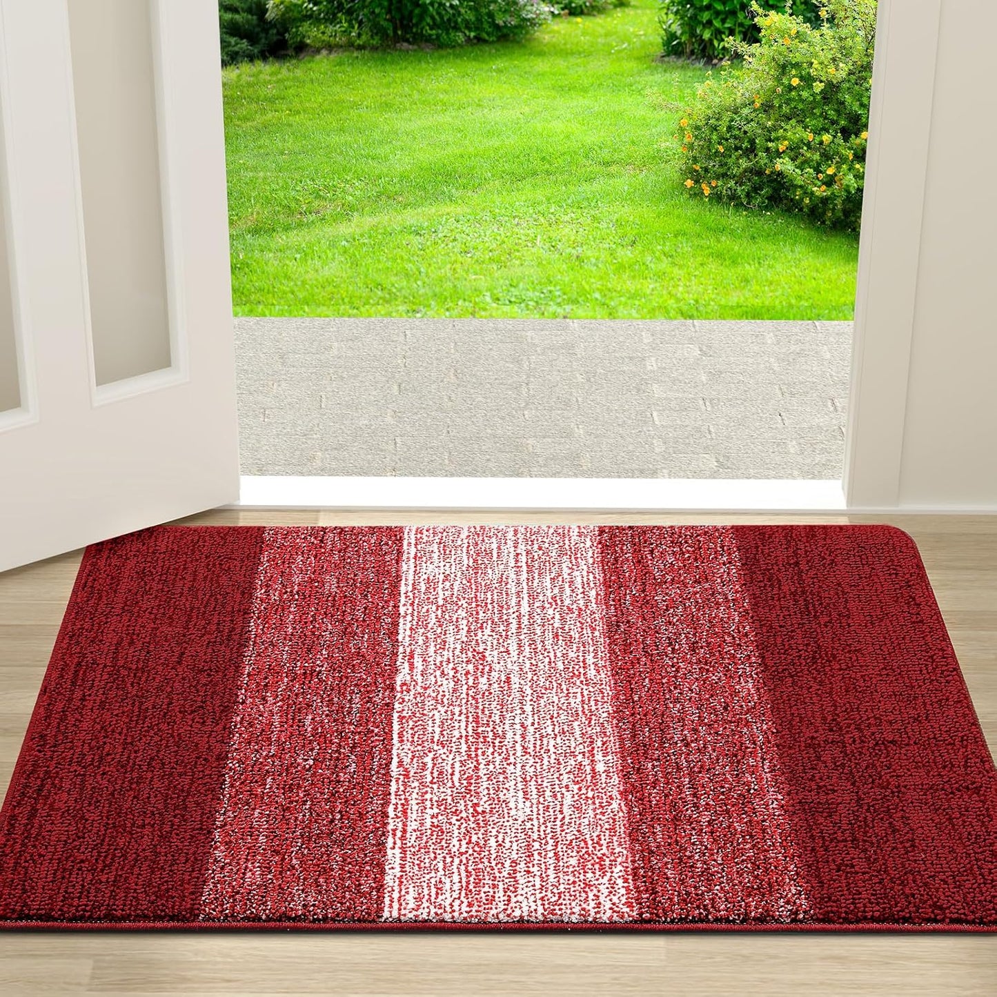 Kitinjoy Indoor Outdoor Door Mat, 30x17 Non-Slip Absorbent Dirt Trapper, Low-Profile Washable Inside Entrance Front Floor Mat, Sturdy Soft Entry Doormats for Entryway, Burgundy