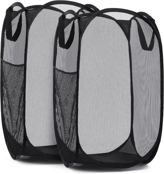 Handy Laundry Collapsible Mesh Pop Up Hamper with Wide Opening and Side Pocket - Breathable, Sturdy, Foldable, and Space-Saving Design for Clothes and Storage (Black | 2-Pack)