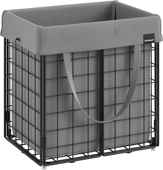 SONGMICS Laundry Hamper, 11 Gal. (50L) Laundry Basket, Collapsible Clothes Hamper, Removable and Washable Liner, Metal Wire Frame, for Bedroom Bathroom, Black and Gray ULCB150G01