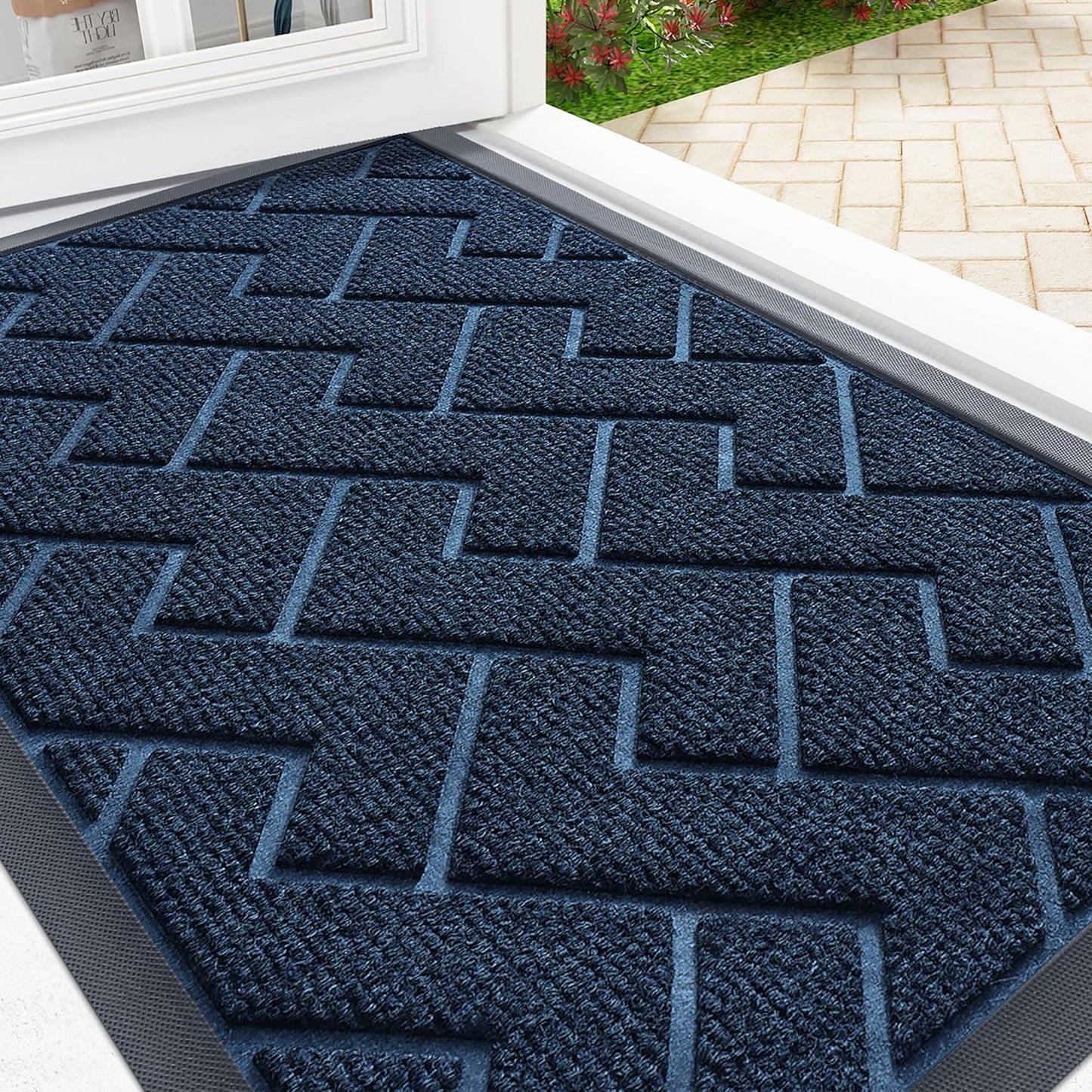 OLANLY Front Door Mat Indoor Outdoor Entrance, Waterproof All-Season, All-Weather Doormat, Sturdy Natural Rubber, Low Profile, Easy Clean Patio Porch Entryway Mat, Herringbone Brick (Blue, 71x47)