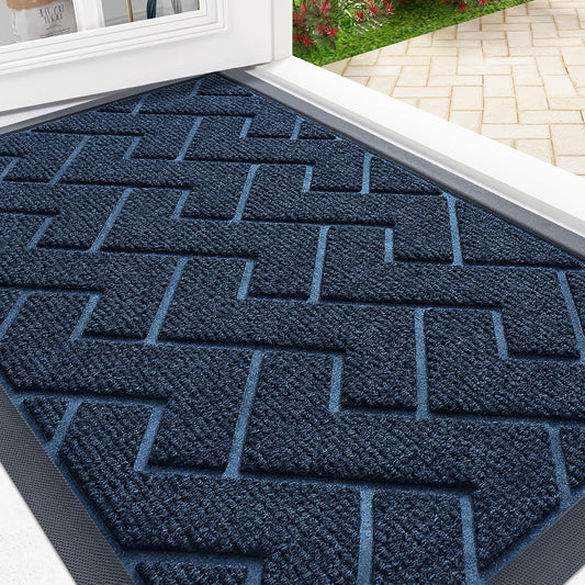 OLANLY Front Door Mat Indoor Outdoor Entrance, Waterproof All-Season, All-Weather Doormat, Sturdy Natural Rubber, Low Profile, Easy Clean Patio Porch Entryway Mat, Herringbone Brick (Blue, 59x35)