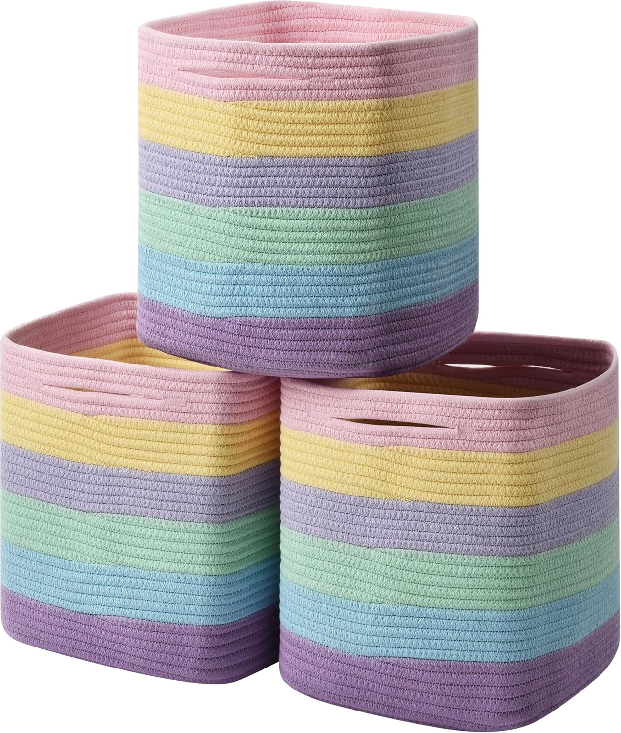 3 Pack Storage Cubes 11 Inch Cotton Rope Woven Baskets for Organizing Cube Bin Square Shelves Organizer,Classroom,Kids Toy Bins,Closet,Baby Nursery(Light Rainbow)