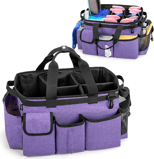 LoDrid Large Wearable Cleaning Caddy Bag with Detachable Divider, Cleaning Supply Tote Organizer with Handles and Adjustable Shoulder Strap for Cleaners & Housekeepers, Purple