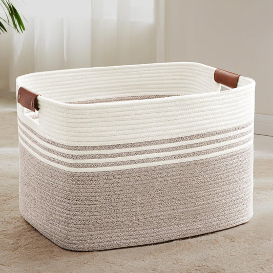 86L Extra Large Laundry Basket with Leather Handles for Living Room Storage, Woven Rope Baskets for Blanket, Kids Toy, Gifts, Wicker Hamper for Bedroom Dirty Clothes, 24"x16"x14" White Brown