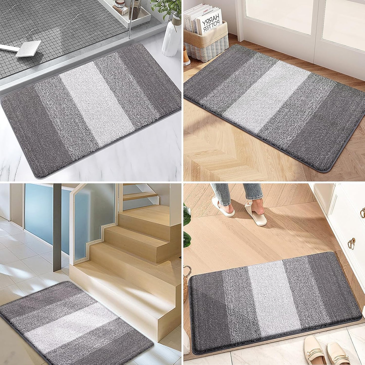 Kitinjoy Indoor Outdoor Door Mat, 30x17 Non-Slip Absorbent Dirt Trapper, Low-Profile Washable Inside Entrance Front Floor Mat, Sturdy Soft Entry Doormats for Entryway, Light Grey