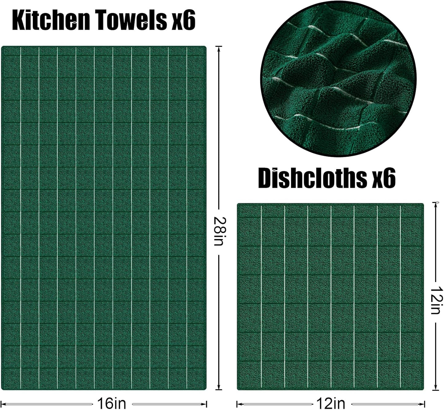 Homaxy Microfiber Kitchen Towels and Dishcloths Set, 12 Pack Soft and Absorbent Dish Hand Towels Bulk, 28 x 16 Inch & 12 x 12 Inch Quick Drying Rags for Washing Dishes, Dark Green