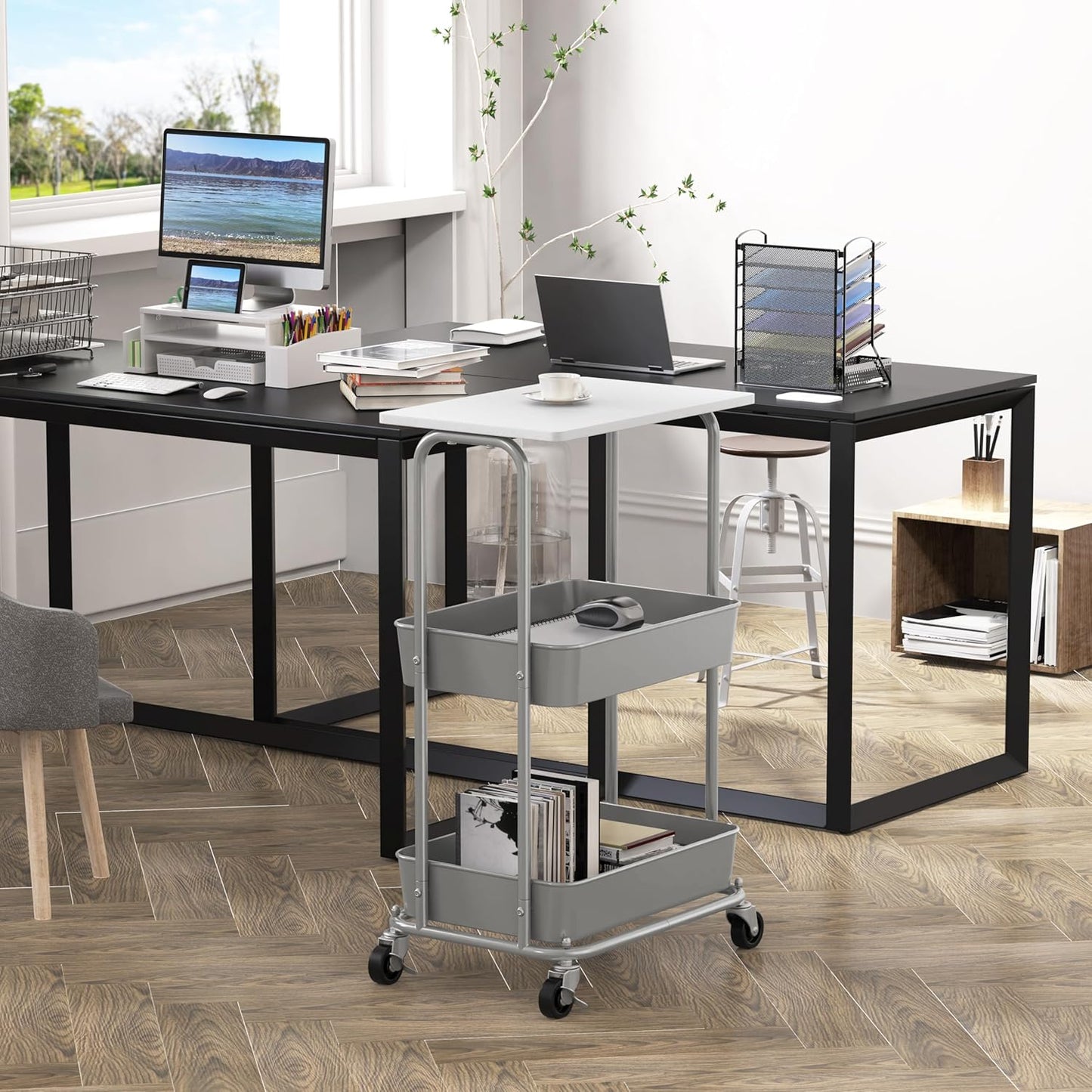 Simple Houseware 2-Tier Rolling Utility Cart with Lockable Wheels and Wood Top, Metal Storage Organizer Trolley for Kitchen, Bathroom, Office, Craft Room, White