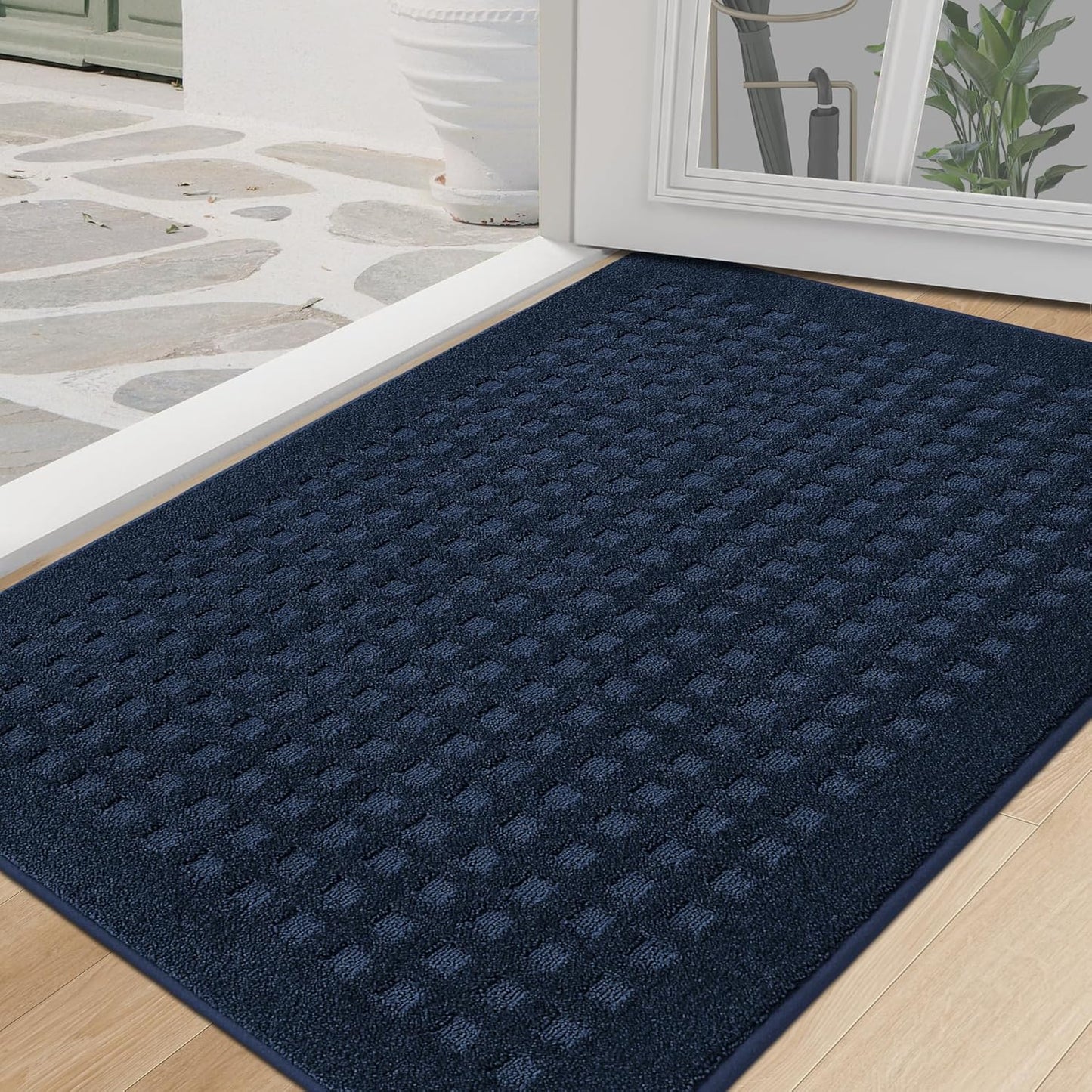 BEQHAUSE Waffle Door Mats Indoor 32"x48", Dog Mat for Muddy Paws Absorbent and Dirt Resist Floor Mats Non-Slip Washable Rugs for Entryway, Welcome Mat for Front Back Door, Muddy Wet Shoes, Navy Blue