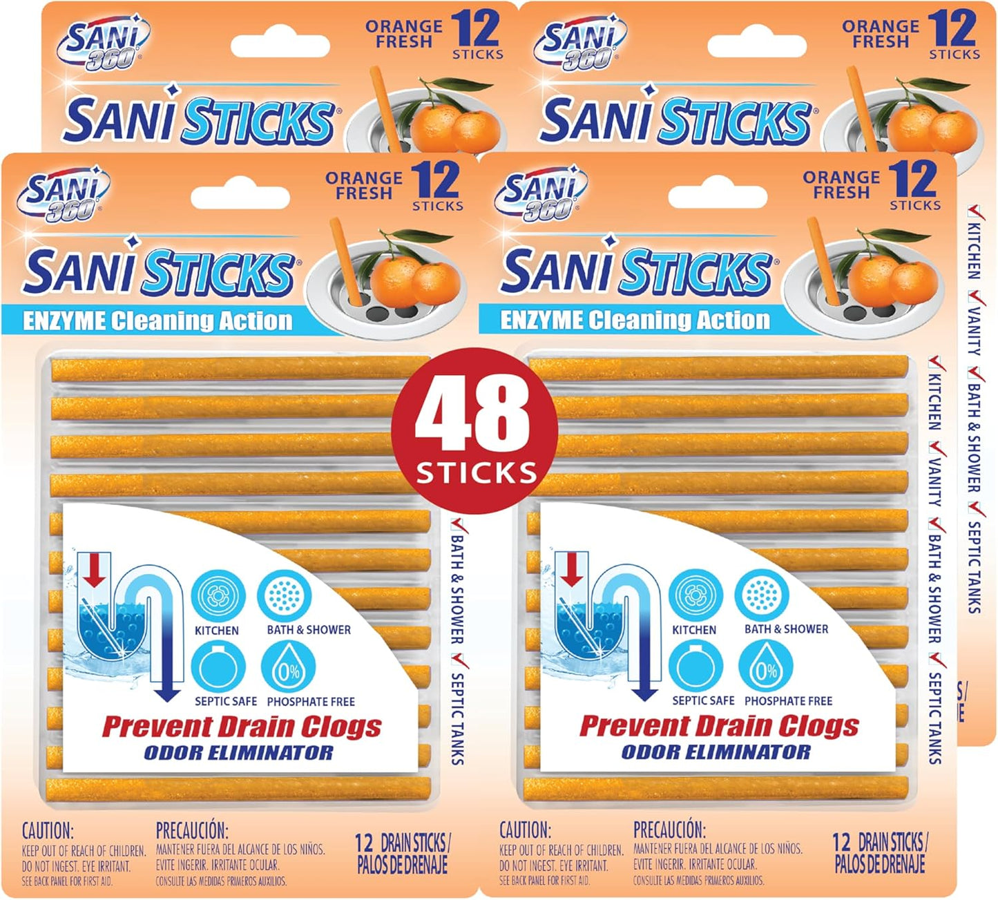 SANI 360° Sani Sticks Drain Cleaner and Deodorizer, 48 Count, Orange Scent Enzyme Pipe Cleaners, Eliminate Odors, Prevent Clogged Drains, Safe for Sinks, Bathtub Drains, Septic Tanks