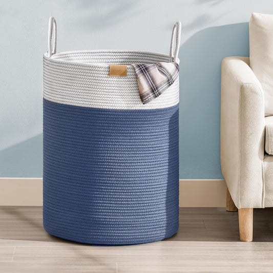 Laundry Hamper 95L,Large Laundry Basket for Clothes,Decorative Storage Basket for Blankets,Cotton Rope Woven basket for bedroom,Navy Blue