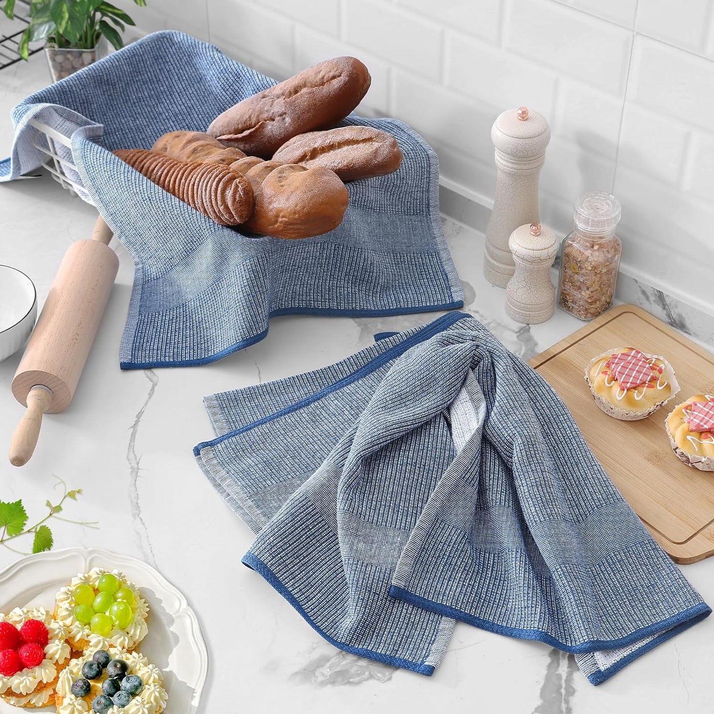 Homaxy Premium Kitchen Towels(18”x 28”, 6 Pack), Large Cotton Kitchen Hand Towels, Flat and Terry Dish Towels, 380 GSM Highly Absorbent Tea Towel Set with Hanging Loop, Navy Blue/Khaki/Black