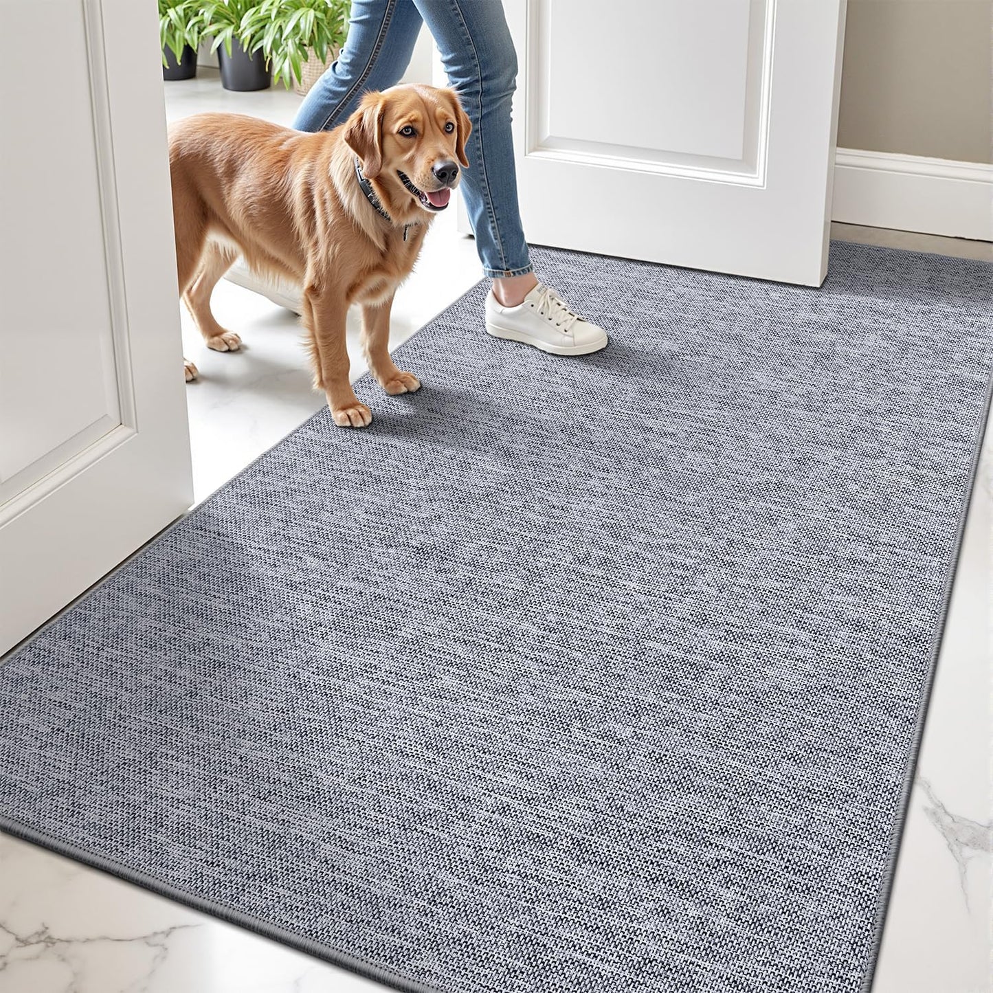 LUMI Ultra Thin Door Mat for Entryway,32"x48" Low Profile Non Slip Rubber Backing Indoor Doormat, Easy Clean Welcome Entrance Mat for Inside House, Patio, Light Grey