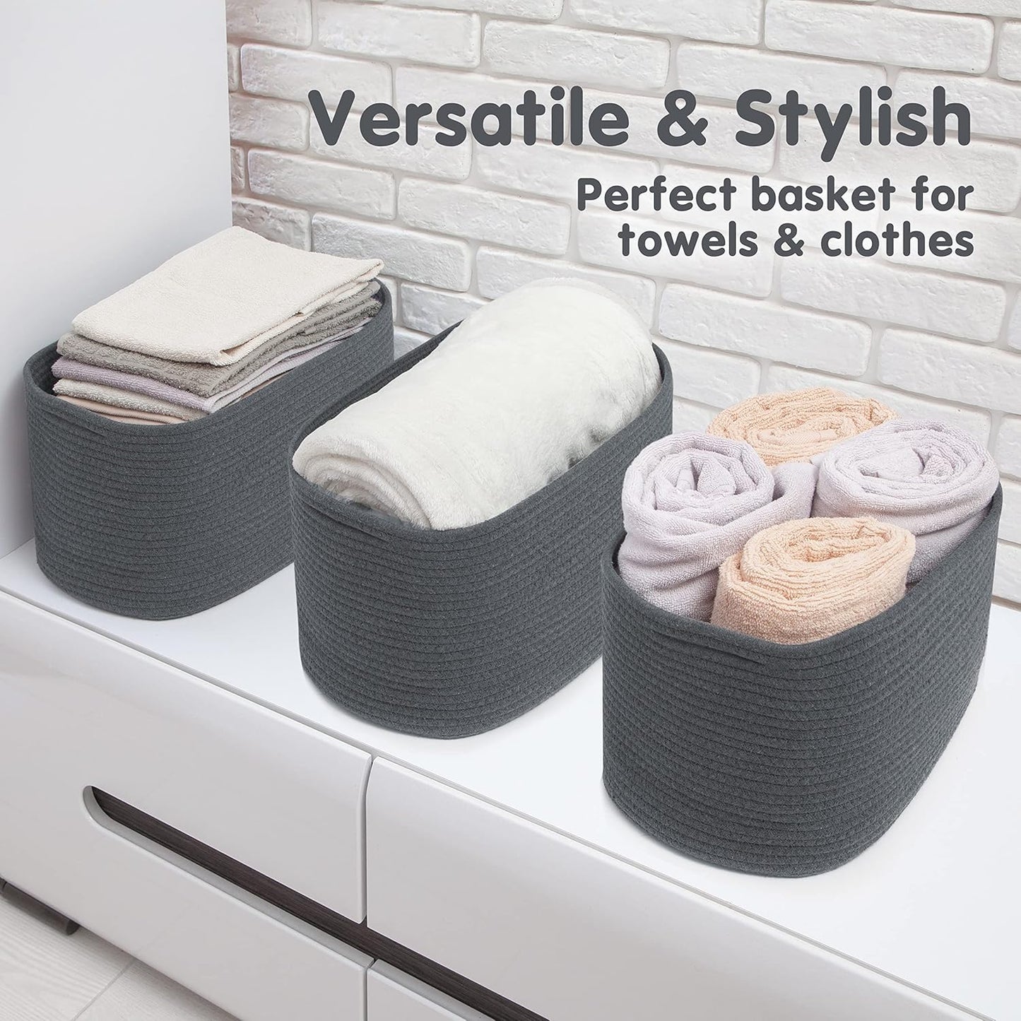 CHAT BLANC Cotton Rope Baskets for Organizing | Storage Baskets for Shelves | Rope Basket for Storage, Small Laundry Woven Baskets for Dog Toy Bin, Baby items, Graphite 3 Pack