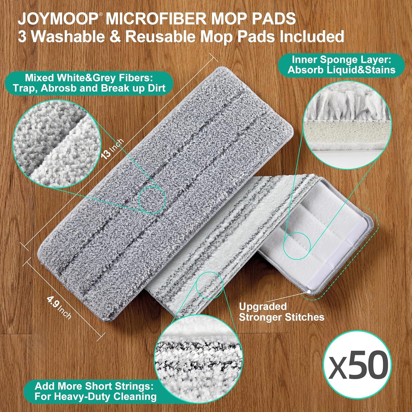 JOYMOOP Flat Mop Pads, Microfiber Mop Cleaning Pads, Washable Pads, Pads Replacement Flat Mop or Mop Bucket Set, Pack of 50 Refills 13inch - Grey and Stripe