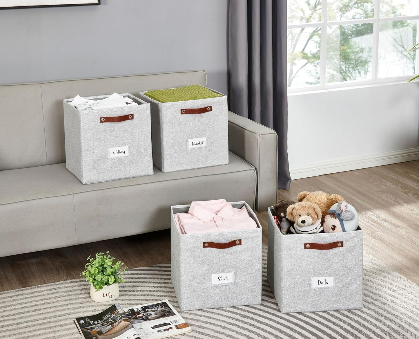 DECOMOMO Storage Cubes, 13x13x13 Storage Cube Bins with Labels, Fabric Organizer Bins (13" / 6pcs, Light Texture Grey)