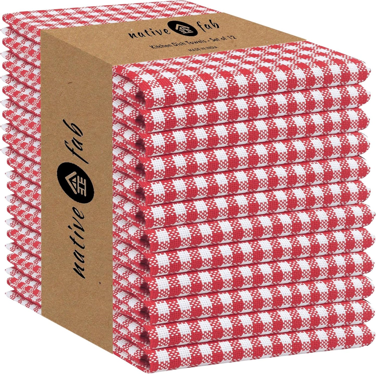 Native Fab 12 Pack Gingham Check Kitchen Towels 16"x26" - Mini Plaid Cotton Dish Towels Washable - Absorbent Tea Towel, Soft Hand Towel with Hanging Loop, Dish Cloth Set - Red White