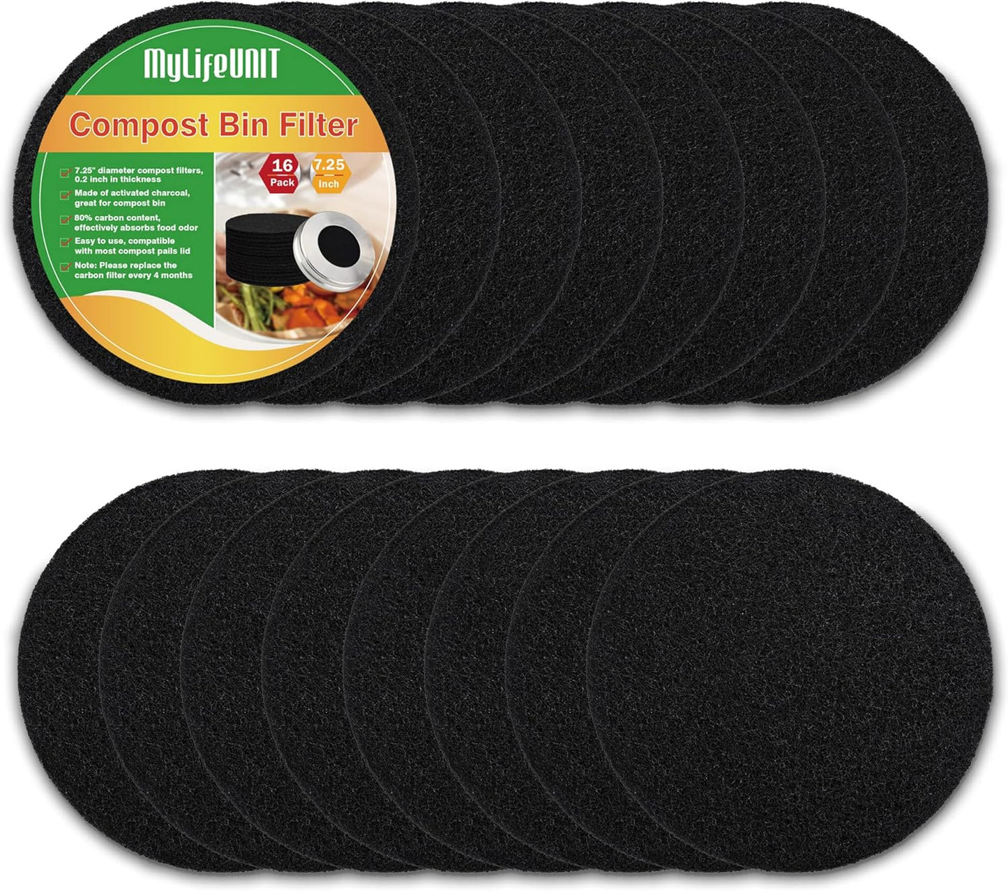 MyLifeUNIT 16 Pack Compost Bin Filter, Kitchen Compost Pail Charcoal Filter Replacements (7.25 inches)
