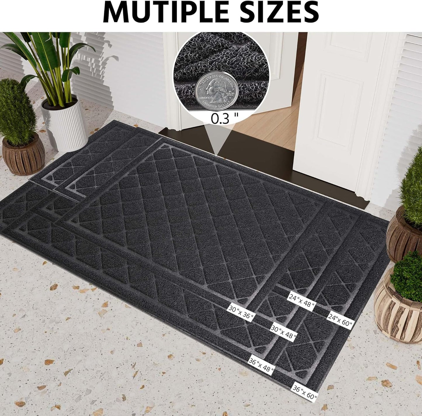 Front Door Mat Indoor Outdoor Entrance, 24" x 48" Heavy Duty All-Season All-Weather Waterproof Doormat Trap Dirt and Moisture Easy Clean Low Profile Patio Porch Entryway Mat