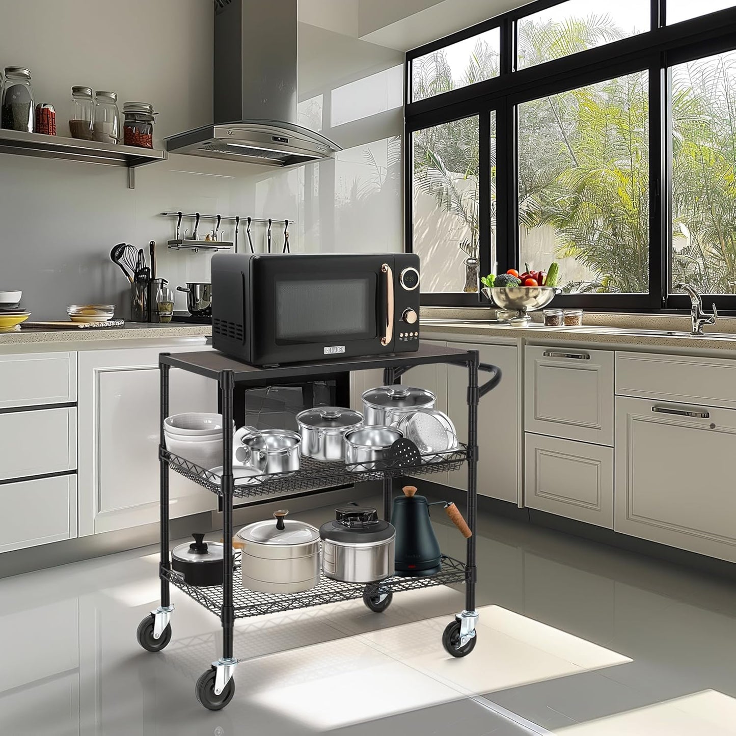 Finnhomy 3 Tier Heavy Duty Commercial Grade Utility Cart with Wood Top, Wire Rolling Cart with Wheels and Handle Bar, Kitchen Carts on Wheels, Metal Cart with 600 LBS Capacity, Black