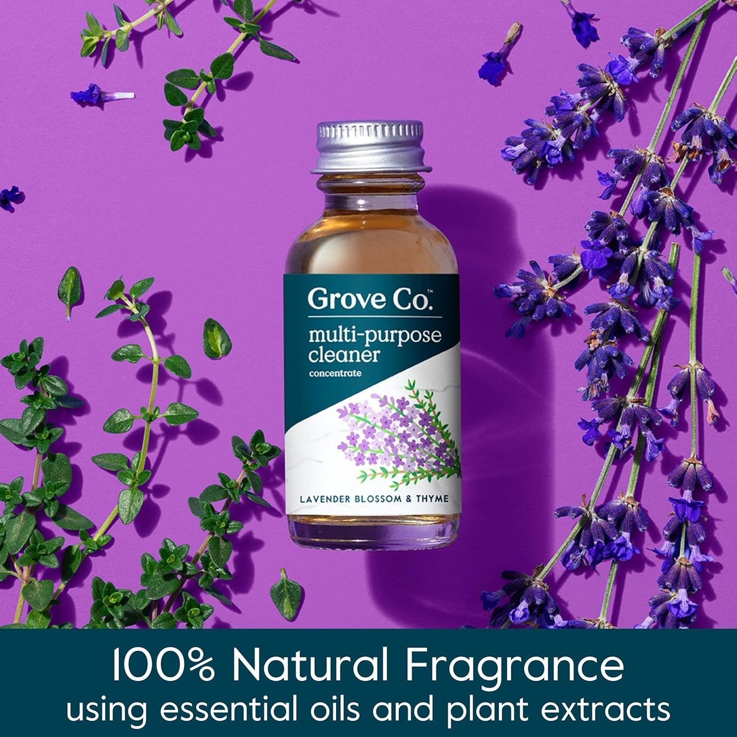 Grove Co. Multi-Purpose Cleaner, Refill Concentrate (2 x 1 Oz) + Glass Spray Bottle (16 Oz), Plant-based Household Cleaning Supplies Bundle, No Plastic Waste, Natural Lavender Blossom & Thyme Scent