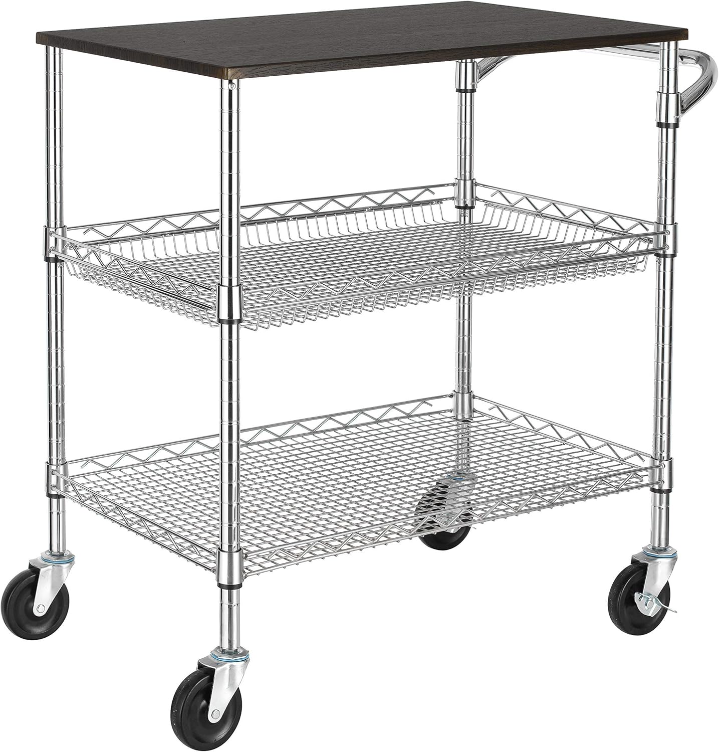 Finnhomy 3 Tier Heavy Duty Commercial Grade Utility Cart with Wood Top, Wire Rolling Cart with Handle Bar, Steel Service Cart with Wheels, Utility Shelf Food Storage Trolley, NSF Listed