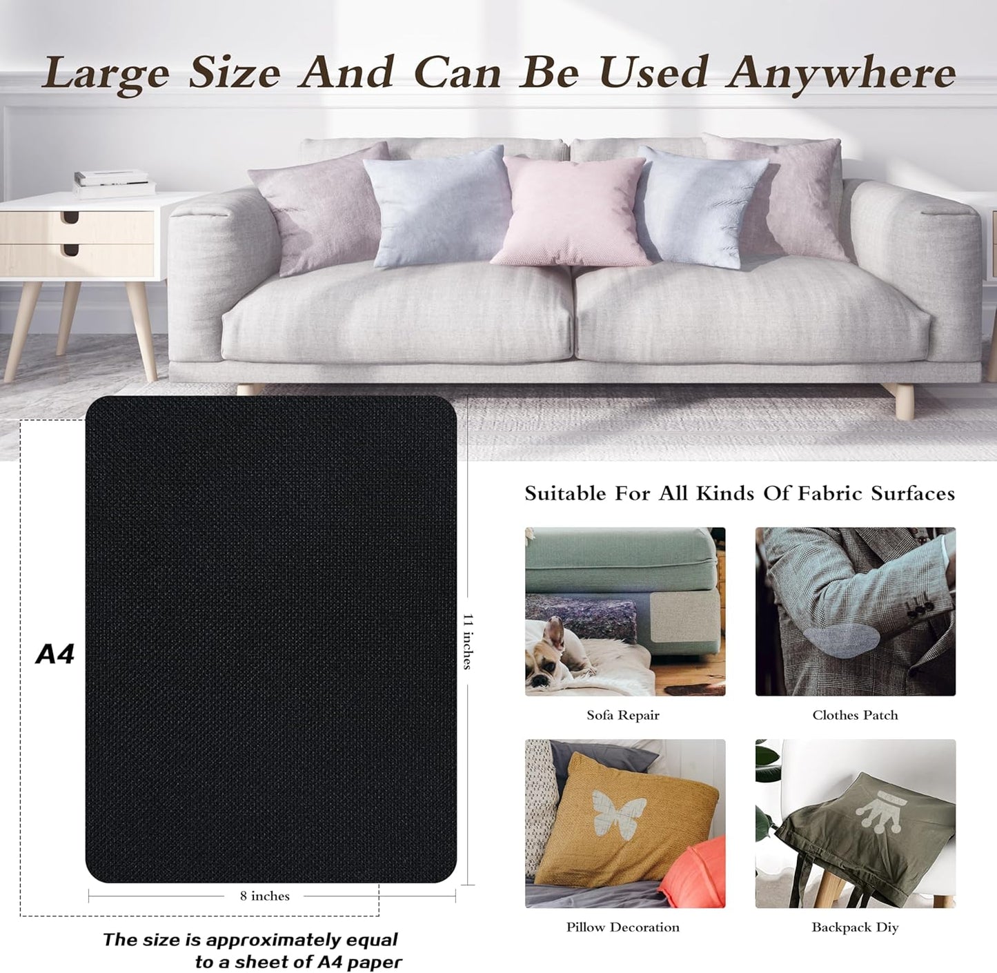 KING MOUNTAIN Coarse Linen Repair Patches, Self-Adhesive Linen Fabric Patches, 8X11 inch Extra Size, Multi Color, Can be Used for Linen Sofa Repair and Linen Clothes Repair(8" x 11",Black 1.0)