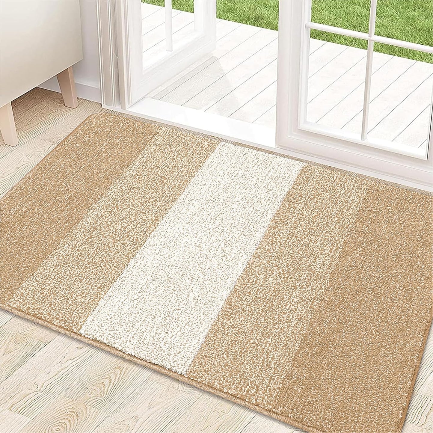 Kitinjoy Indoor Outdoor Door Mat, 32x20 Non-Slip Absorbent Dirt Trapper, Low-Profile Washable Inside Entrance Front Floor Mat, Sturdy Soft Entry Doormats for Entryway, Beige